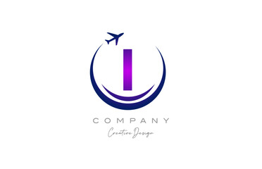 I alphabet letter logo with plane for a travel or booking agency in purple. Corporate creative template design for company and business
