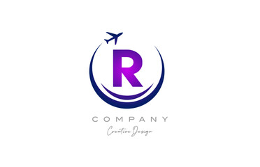 R alphabet letter logo with plane for a travel or booking agency in purple. Corporate creative template design for company and business