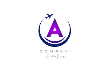 A alphabet letter logo with plane for a travel or booking agency in purple. Corporate creative template design for company and business