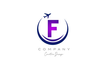 F alphabet letter logo with plane for a travel or booking agency in purple. Corporate creative template design for company and business