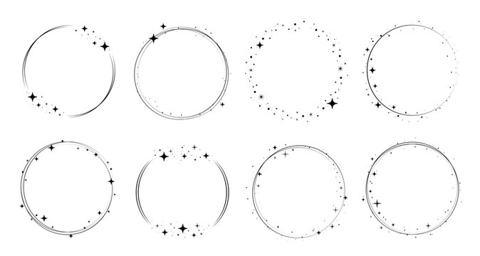 Circle star border frame set. Sparkle circle frame. Wreath round stardust border for party, birthday decor design. Laurel frame with cosmic glitter shine. Vector illustration.
