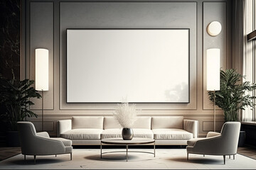 Fototapeta premium Empty frame on the wall in the lobby of the hotel or office. Template for Design. Mock Up. AI generated.