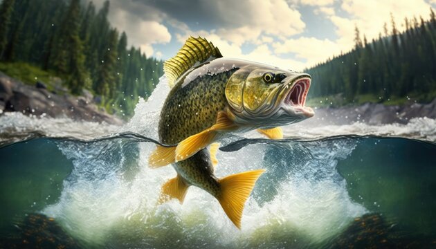 Forelle im Fluss springt aus dem Wasser unterwasser Wald