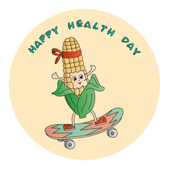Vegetable corncob is actively involved in sports demonstrating a healthy lifestyle. Doodles hand drawn funny color vector  illustration
