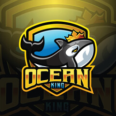 Fototapeta premium Orca killer Whale royal king mascot logo design vector with modern illustration concept style for badge, emblem and tshirt printing. modern orca shield logo illustration for sport, gamer, team.