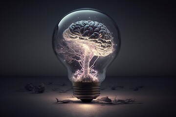Highly detailed brain in light bulb with cinematic background