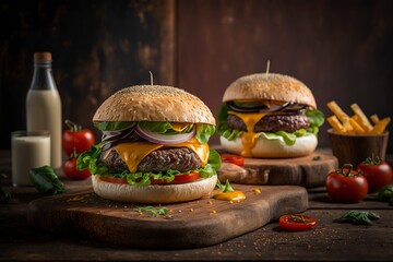 Home made burgers on wooden background
