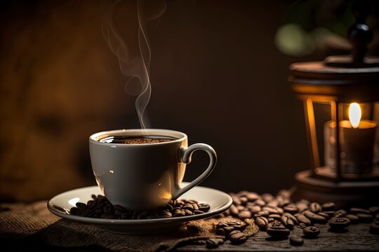 Hot cup of coffee surrounded by roasted coffee beans