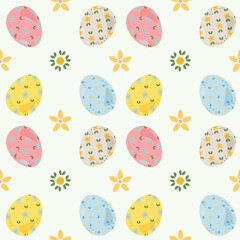 Cartoon hand drawn traditional Easter Holiday symbols, cute design with eggs und flowers, vector pattern design for printing on fabric, paper for scrapbooking, gift wrap and wallpapers.