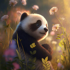Panda on a beautiful spring day in a flower field. Created using ai generative. 