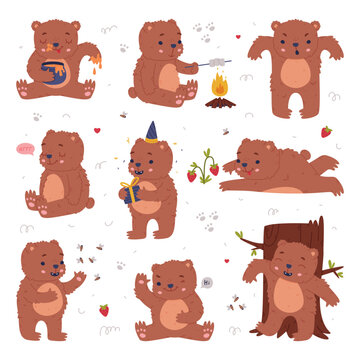 Cute baby bear doing different activities set. Funny wild animal eating honey, celebrating holidays, toasting marshmallow cartoon vector illustration