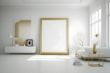 Fototapeta na wymiar designroom, large blank frame, light wood frame, golden luxury style inside studio, white walls, overexposed - generative AI