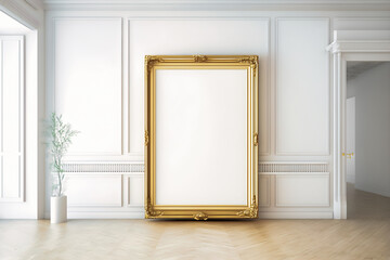 designroom, large blank frame, light wood frame, golden luxury style inside studio, white walls, overexposed - generative AI