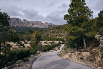 Road across Castellets Ridge near Puig Campana, from near Altea  Benidorm, Spain.Scenic mountain road inland Costa Blanca.