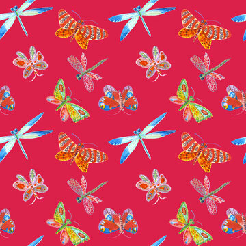Bright light ornament of butterflies and dragonflies. For fabric, wrapping paper, print.