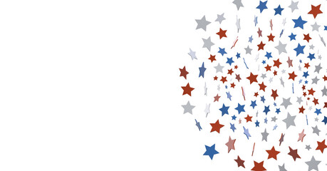 Red white blue shiny confetti stars on white background, isolate, tricolor concept,
