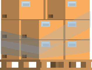 Cargo pallet with cardboard boxes. Warehouse storage containers