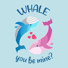 Vector couple whale characters cartoon illustration. Cute whale loving each others. 
