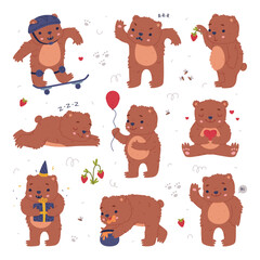 Cute baby bear doing different activities set. Funny wild animal riding skateboard, eating honey, celebrating birthday, picking up berries cartoon vector illustration