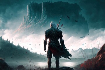 A warrior stands in front of an epic foggy landscape with a huge mountain in the background, generative ai