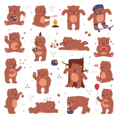 Cute baby bear doing different activities big set. Funny wild forest animal characters cartoon vector illustration