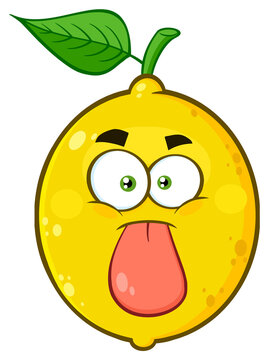 Funny Yellow Lemon Fruit Cartoon Emoji Face Character Stuck Out Tongue. Hand Drawn Illustration Isolated On Transparent Background