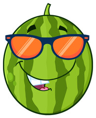 Smiling Green Watermelon Fruit Cartoon Mascot Character With Sunglasses. Hand Drawn Illustration Isolated On Transparent Background