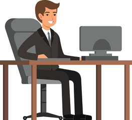 Office manager at workplace. Cartoon businessman sit at computer desk
