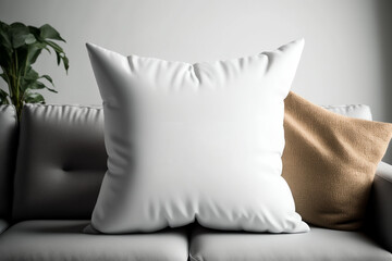 Blank white pillow mockup. Soft decorative pillow on the sofa in the living room. AI generated. Empty mock up.