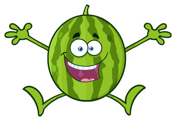 Happy Green Watermelon Fruit Cartoon Mascot Character Jumping. Hand Drawn Illustration Isolated On Transparent Background
