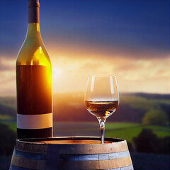 bottle with glass of white wine with sunset vineyard background, generative AI