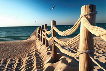 Beautiful summer day at the beach, rope fence, pristine sands and blue clear sky - generative ai - obrazy, fototapety, plakaty