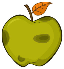 Rotten Green Apple Fruit With Leaf Cartoon Drawing Simple Design. Hand Drawn Illustration Isolated On Transparent Background