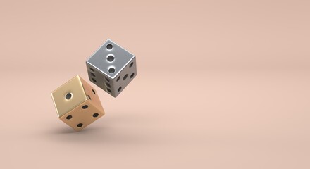 dice being thrown golden dice and silver dice on plain background (3d illustration)
