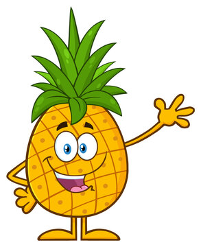 Pineapple Fruit With Green Leafs Cartoon Mascot Character Waving For Greeting. Hand Drawn Illustration Isolated On Transparent Background