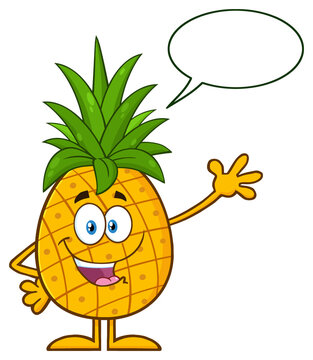Happy Pineapple Fruit With Green Leafs Cartoon Mascot Character Waving For Greeting With Speech Bubble. Hand Drawn Illustration Isolated On Transparent Background