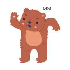 Obraz na płótnie Canvas Cute grumpy baby bear growling. Funny wild forest brown animal character cartoon vector illustration