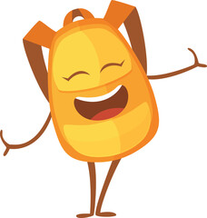 Joyful school mascot. Yellow backpack cartoon character
