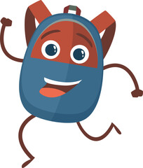 Happy running backpack. Cartoon cheerful school mascot