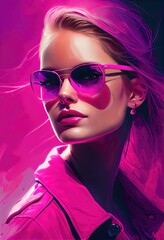Fashion portrait of a model wearing high fashion clothing and round sunglasses, light pink background - generative ai