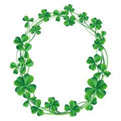 Fototapeta premium frame of green clover leaves, decor element for postcards, banners, flyers, four-leaf and three-leaf leaves symbol of st. patrick's day, traditional element of festivals and holidays of ireland