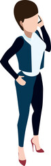 Talking on phone business woman character. Isometric work call icon