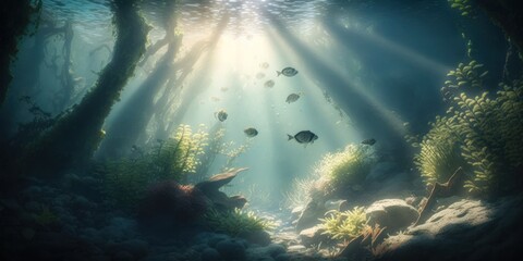 Fototapeta na wymiar Underwater Scene - Tropical Seabed With Reef And Sunshine, GENERATIVE AI