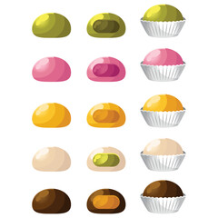 Set of different taste mochi daifuku. Different color of mochi japanese rice cake snack. Icon set illustration. Flat design cartoon vector illustration collection. Isolated on white background