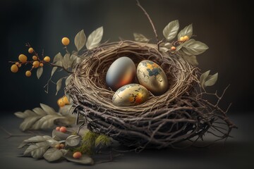 Fototapeta premium Decorated golden eggs in nest on dark background created with Generative AI technology