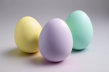 Three pastel colored easter eggs on a white backdrop created with Generative AI technology