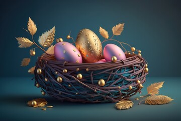 Pink and golden easter eggs in wicker nestcreated with Generative AI technology
