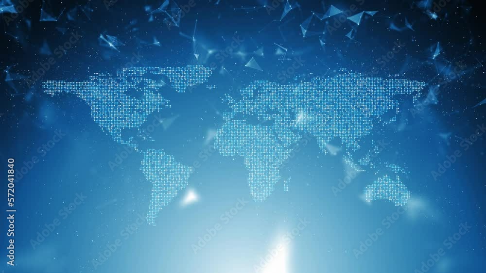 Poster digital world map cyberspace with dots, lines and triangle shapes loop animation background.
