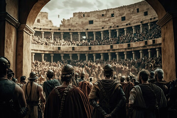 A nostalgic image of a day in the Roman Empire, gladiators in the colosseum, AI Generative