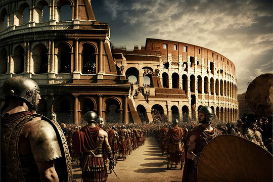 A nostalgic image of a day in the Roman Empire, gladiators in the colosseum, AI Generative